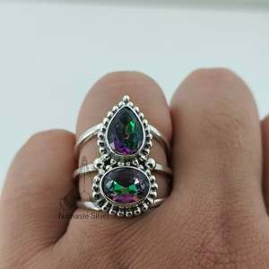 Bague Statement Faite Main pour Femme en Topaze Mystique et Argent Sterling, Double Pierre Précieuse Taillée Poire, Idéale pour Anniversaire, Noël ou Cadeau de Fête - Product Image 5