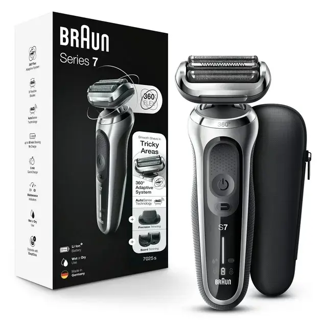 Braun Series 7 7025s เครื่องโกนหนวดไฟฟ้าสําหรับผู้ชายแบบเปียกแห้งแบบชาร์จไฟแบบ Flex พร้อมเครื่องตัดหนวดเครา