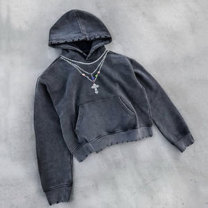 2025 Washed Heavyweight 100% Cotton <b>Crystal</b> Decoration <b>Necklace</b> Shape Graphic DTG Printing Vintage Hoodies for <b>Men</b> - Product Image 1