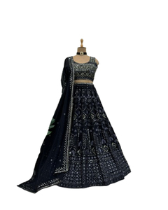 Lehenga Choli Negro de Georgette hasta el Suelo para Mujer, Diseño Indio con Bordado, Chaniya Choli Dupatta para Bodas y Fiestas - Product Image 1