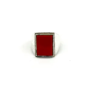 Wholesale Lot of 925 Sterling Silver Men's Ring with Natural Red Coral and Gold Plated Gemstones Peace Pattern for His and Her