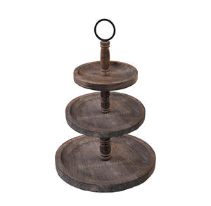 Plateau de service rond en bois à 3 niveaux fait à la main avec poignée en métal solide pour les mariages et les occasions spéciales - Product Image 1