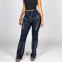 Streetwear femme chaude ceinture élastique jean évasé Sexy taille haute déchiré à lacets évider Skinny Slim Fit pantalon
