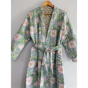 Peignoir long en coton décontracté à cordon de serrage, col en V, imprimé à motifs, vêtement de nuit kimono, veste douce, respirante, séchage rapide, vêtement de nuit d'hiver - Product Image 4