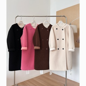 Doppio cappotto lungo da donna in bouclé in pile senza colletto stile orsacchiotto elegante pelliccia sintetica - Product Image 5