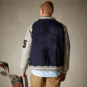 Veste universitaire unisexe bleu marine avec manches grises, patch lettre M, fermeture éclair, col à rabat, streetwear, veste bomber tendance, nouvelle - Product Image 5