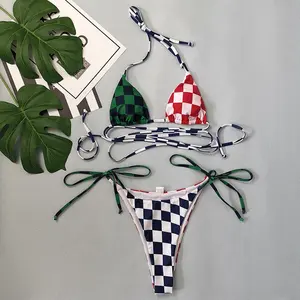 Set pakaian renang Bikini wanita model segitiga, Set baju renang dua potong dengan tali, Bikini segitiga, atasan Halter