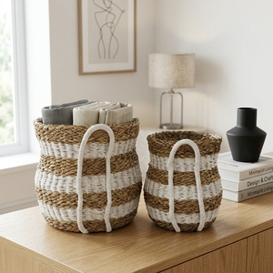 Natural Seagrass Recycled <b>Plastic</b> Storage <b>Basket</b> Set White Stripe Belly Pot Planter Pure Art Arch Handle Decor Setup Room Design - Product Image 5