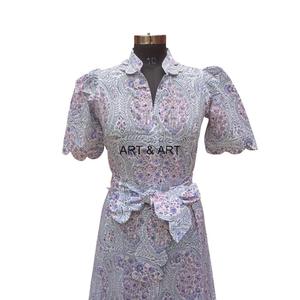 Robe en coton imprimé bloc à la main pour femmes Confortable et respirant Midi Designs élégants pour les fêtes en plein air et les occasions spéciales - Product Image 3