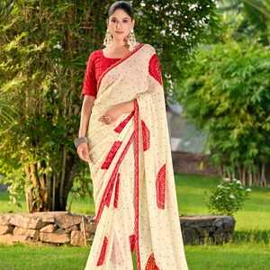 Sari de seda de gasa pura India estilo Bollywood con borde de encaje de perlas y pieza de blusa/Sari de Color azul - Product Image 1