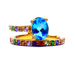 แหวนเงินสเตอร์ลิง925ดั้งเดิมชุบทองอัญมณีบุษราคัมหลากสีฟ้าสไตล์แฟชั่นคลาสสิก - Product Image 2