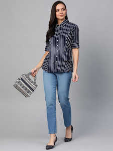 Elegante Camisa Casual de Rayón con Estampado de Rayas Azules para Mujer, con Cuello Camisero y Mangas Medias Dobladas, Diseñada para Uso Diario en la Oficina - Product Image 5