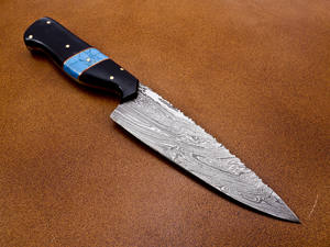 มีดเชฟเหล็กดามัสกัสทำด้วยมือวัสดุฮอร์นไม้ปลอกหนังลายบิดสำหรับ EDC งาน OEM ปรับแต่งได้ - Product Image 3