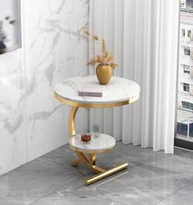 Mesa auxiliar redonda moderna con marco de Metal de 2 niveles, muebles de café para sala de estar contemporánea, mesa auxiliar para sofá de exportación artesanal para el hogar - Product Image 5