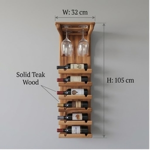 Solid Teak Wood <b>Wall</b> Mounted Wine Rack 4 <b>Shelves</b> Multifunction Design Rectangle Shape 6 Bottle Storage <b>Glass</b> Holder Rustic Style - Product Image 5
