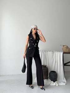 Made in Turkey 2 Piece <b>Pants</b> Set Elegant Sleeveless Blazer Vest Wholesale Custom Wide Leg Trousers Suits Blazer For Women - Product Image 1