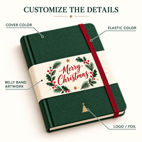 Carnet de Noël personnalisé LABON, couverture rigide en tissu vert, bande de reliure CMYK, fermeture élastique rouge, boîte cadeau de Noël avec dorure à chaud
