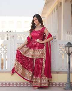 Gorgeous Faux Georgette Gharara Ensemble Long <b>Flared</b> Plazzo Heavy Matching Dupatta with <b>Sequins</b> Work Elegant Fancy Salwar Suit - Product Image 3
