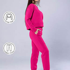 Custom Two-<b>Piece</b> Women's Winter Tracksuit Solid Color Crop Top <b>Hoodie</b> and Joggers Set with Short Length Tops - Product Image 3