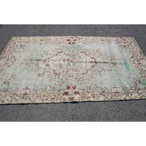 Alfombra Turca Vintage, Alfombra de Lana a Cuadros Beige de 4.5x8.2 pies - Product Image 3