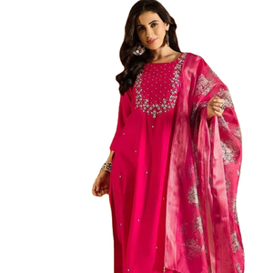 Prêt de stock ethnique beau Design chaud et joli look entièrement cousu viscose Chanderi soie Kurti pour adulte vêtements de routine quotidiens - Product Image 1