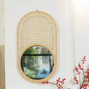 뜨거운 제품 장식 천연 등나무 고리 버들 대나무 거울 벽걸이 장식 항목 가정용 수제 벽걸이 거울