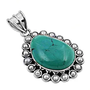 Pendentif vintage en argent 925 avec turquoise et perles d'eau douce, serti clos, charme solitaire, unisexe, pour usage quotidien - Product Image 2