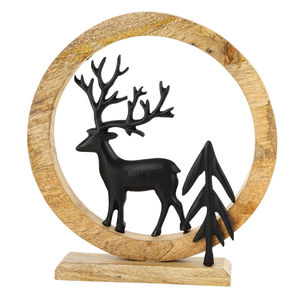 Escultura de Ciervo Hecha a Mano en Madera de Mango y Metal Negro, Adorno para Árbol de Navidad, Diseño Elegante, Centro de Mesa Decorativo - Product Image 1