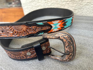 American <b>Leather</b> Cowboy Designer Beaded <b>Belt</b> Men's Gift Western Fashion Bling Luxury <b>Belt</b> Premium Cow Hide Floral Hand <b>Tooled</b> - Product Image 5
