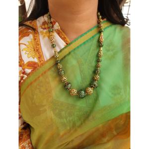 Collar de cuentas de perlas de diamante Meenakari Jadau verde, cadena de hoja de aleación de moda con chapado en oro para regalo de compromiso budista - Product Image 5