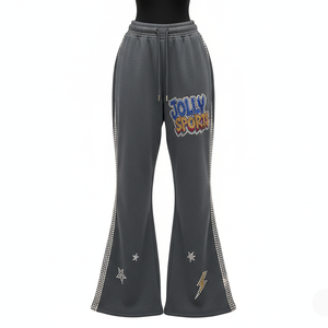 <b>Women</b> Flare Pant premium <b>fleece</b> fabric 280 GSM cotton polyester <b>grey</b> flared fit side panels rhinestone logo <b>Women's</b> Pant - Product Image 1