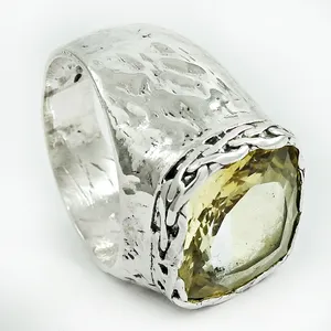Высокое качество оптовая цена 925 стерлингового серебра натуральный цитрин драгоценный камень квадратной формы кольцо для мужчин и мальчиков ювелирные изделия ручной работы