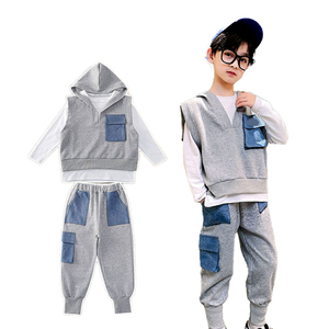 Gray Kids Tracksuit Set with <b>Sleeveless</b> <b>Hoodie</b> and Jogger Pants Stylish Patch Pocket Outfit for Boys Casual Wear - Product Image 1