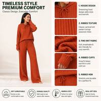 Conjunto de 2 Piezas de Punto Acanalado para Mujer FNJIA, Top de Manga Larga con Capucha y Cordón Ajustable, Pantalones Anchos, Ropa Casual de Punto