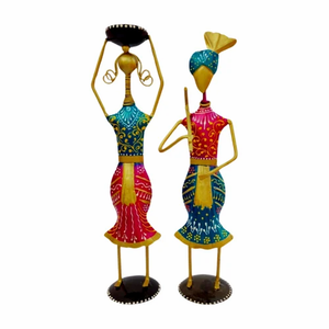 Décorateurs d'intérieur faits à la main ensemble en vrac multicolore fer peint Rajasthani debout UV imprimé métal Couple style moderne - Product Image 2