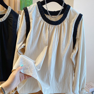 Camisa no tejida de poliéster/algodón manga larga raglán color sólido cuello redondo moda informal nueva primavera otoño ecológica al por mayor - Product Image 4