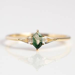 Bague de fiançailles en agate mousse de forme hexagonale, vintage, argent sterling 925 plaqué or 14 carats, bague de promesse empilable - Product Image 5