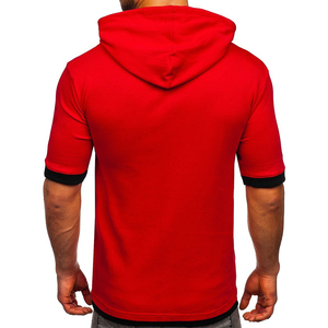 T-shirt à manches courtes pour homme, rouge, à capuche, coupe ajustée, avec bordure contrastante, style décontracté, tricoté, couleur unie, teinture unie - Product Image 2