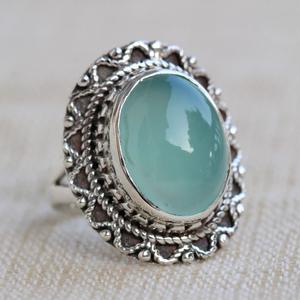 Aqua Chalcedony Gemstone <b>Statement</b> <b>Ring</b> Stylish Boho Jewelry for Women Handmade Sterling Silver Wedding Gift Oval Cut Diamond - Product Image 2