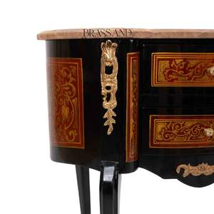 Table console classique en bois noir avec deux tiroirs, plateau en marbre, pieds incurvés, ornements en laiton et incrustations décoratives - Product Image 5