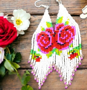 <b>Red</b> Rose <b>Earrings</b> From Tiny Beads, <b>Red</b> Beaded <b>Earrings</b> Quality Emerald Green Beaded Tassel <b>Earrings</b> - Product Image 2