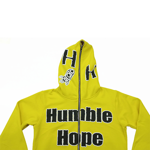 Sweat à capuche zippé 100% coton de haute qualité pour hommes jaune avec imprimé Hip Hop noir lavage à l'acide surdimensionné effet gonflé manteau à capuche d'hiver - Product Image 3