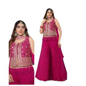 ชุดพาลาซโซปักลายสีชมพูของราณีสำหรับผู้หญิง พร้อมเสื้อแจ็คเก็ตดีไซเนอร์ คุर्ติ และผ้าคลุมไหล่ สำหรับงานแต่งงานและงานเฉลิมฉลอง - Product Image 5