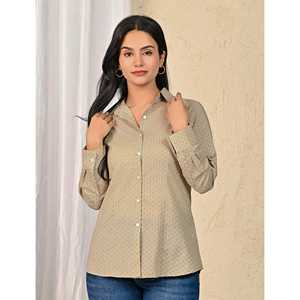 Chemise ample pour femme en coton vert imprimé, manches longues, logo brodé, style décontracté, boutons tissés, longueur longue, saison automne - Product Image 3