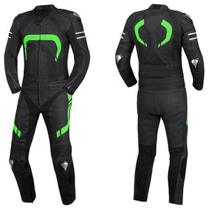Men's Full Sleeve Leather Motorcycle Racing Suit Black With Green Accents Breathable All Seasons Adult Wear - Product Image 1