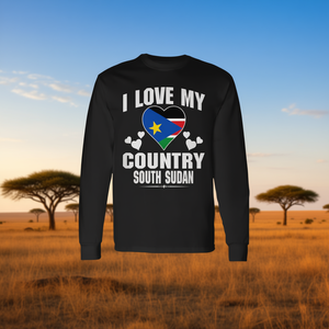 T-shirt promotionnel à manches longues avec drapeau du Soudan du Sud en forme de cœur et inscription « J'aime mon pays » - Product Image 3