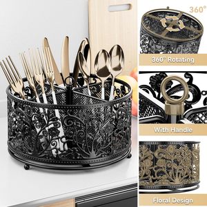 Floral Design Black Metal Utensil Caddy High Quality Flatware Organizer Kitchen Countertop - Product Image 4