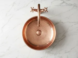 DIVRIS Lavabo en cuivre fait main, rond, à cuve unique, à poser sur le comptoir, surface mate rustique, un trou, facile à nettoyer, pour salle de bain - Product Image 1