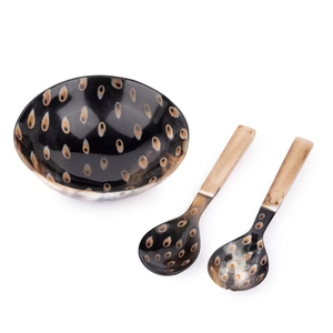 Ensemble bol décoratif à pois en corne de buffle avec cuillère et fourchette pour une présentation gastronomique à très basse côte par HF CRAFTS - Product Image 1