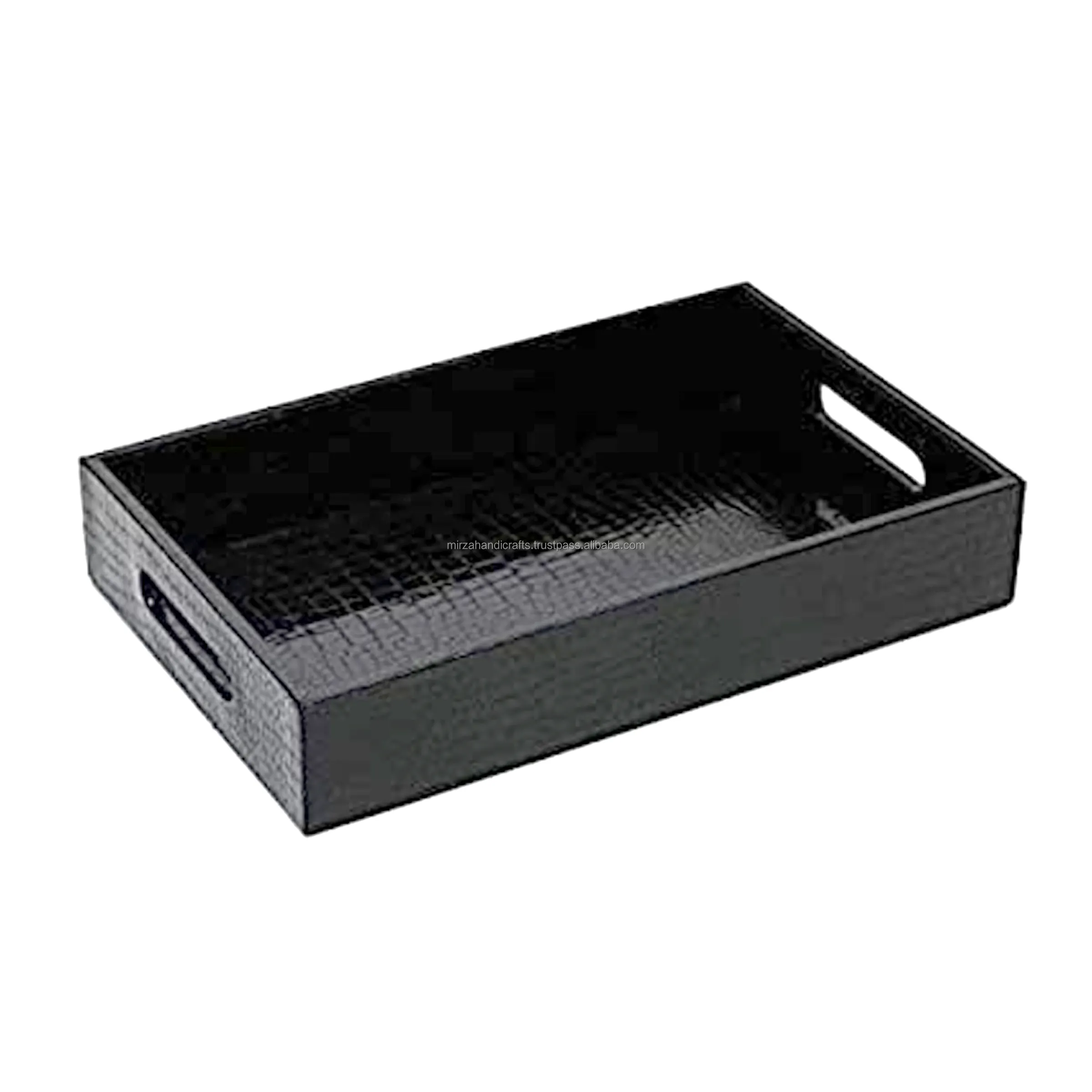 Modern Rectangular Matte Black Lather Serving Tray with Handles Perfect for Dining Table Parties Storage Home decor